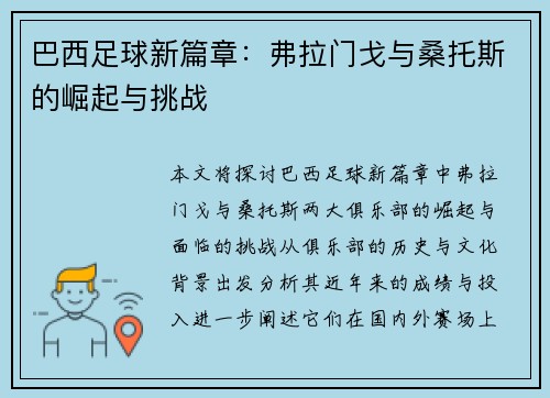 巴西足球新篇章：弗拉门戈与桑托斯的崛起与挑战