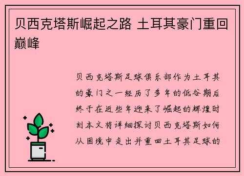 贝西克塔斯崛起之路 土耳其豪门重回巅峰