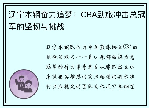 辽宁本钢奋力追梦：CBA劲旅冲击总冠军的坚韧与挑战